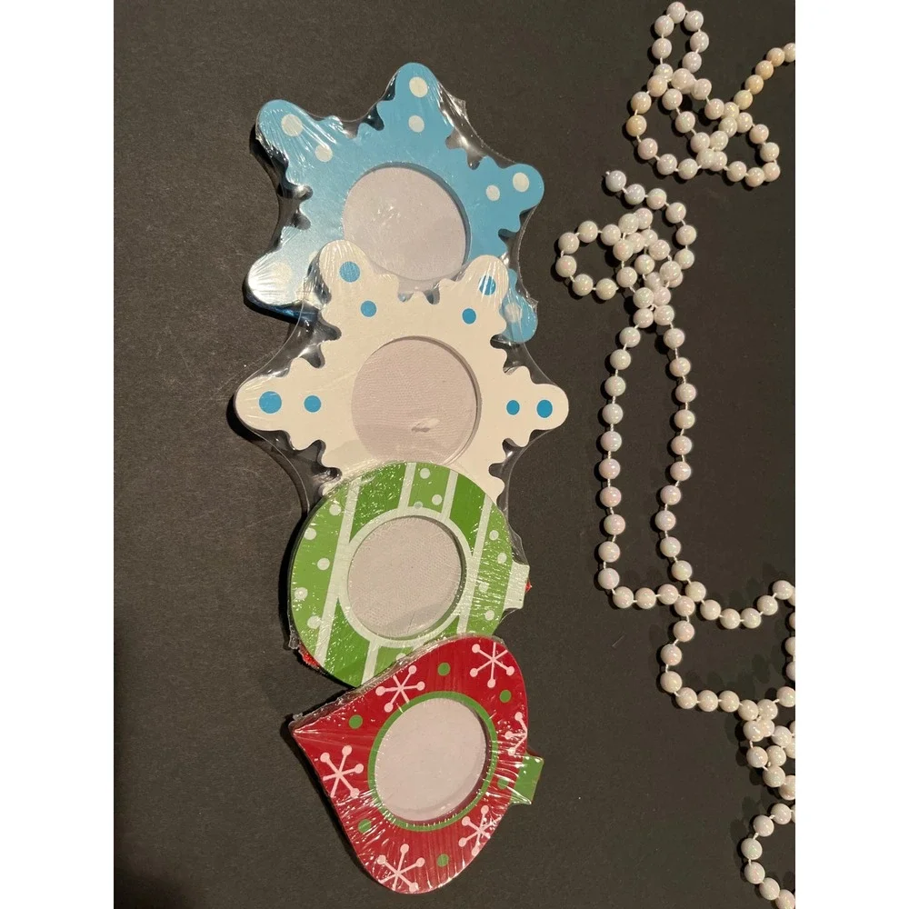 Christmas Holiday Ornament Photo Frame Set Snowman Votive Holder Pearl Garland